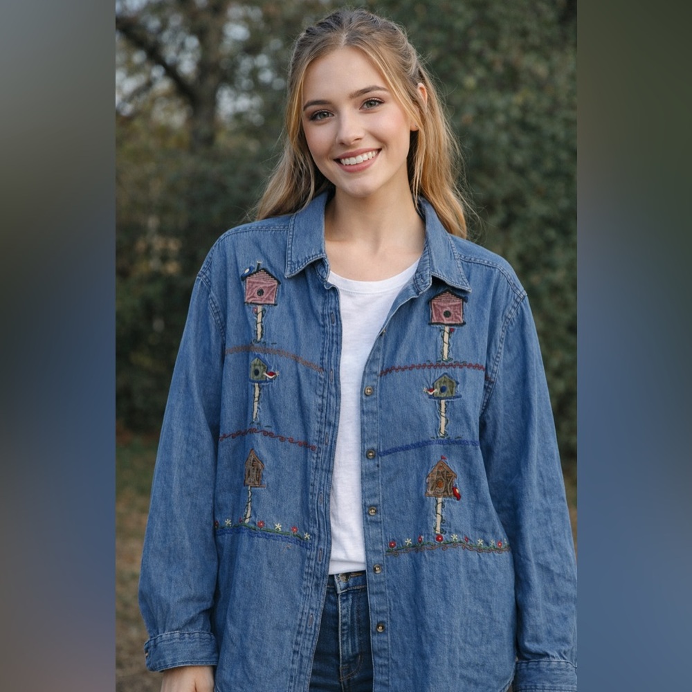 Vintage embroidered birdhouses denim Jean shirt  Shacket